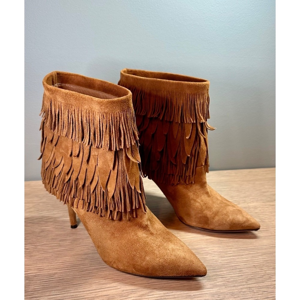 Aquazzura Sasha Suede Fringe Ankle Boots Booties Brown 36.5 Boho Western Style
